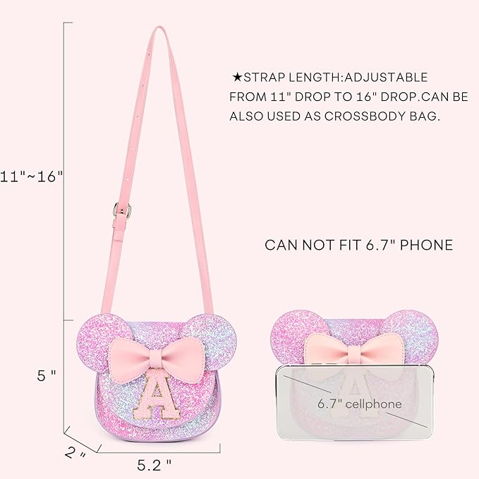 mibasies Toddler Purse Girl Gifts: Girls Birthday Gifts for 3-8 - Toys for Ages 2-4 Girls Mouse Ears Purse, Purple Rainbow, Letter A