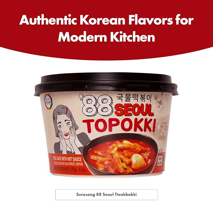 Surasang Korean Tteokbokki Cup - Korean Street Food, Classic Sweet & Spicy Sauce, Instant 2-Minute Microwave Meal, Traditional Tteokbokki Rice Cakes, 6 oz – Pack of 1