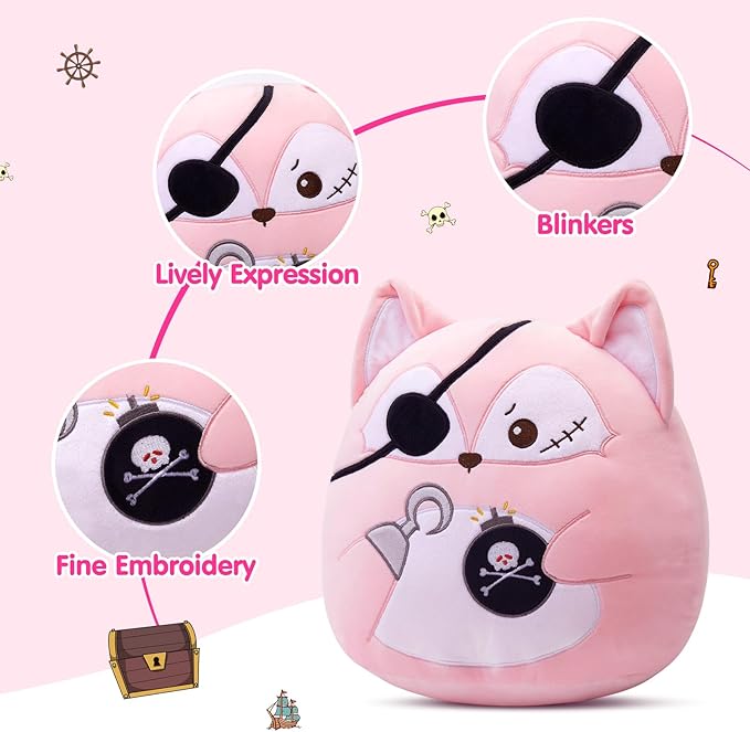 Pirate Fox Plush Pillow - Cute Pink Pirate Fox Stuffed Animal, Soft Plush Toy Gift for Kids, Boys & Girls,13inch