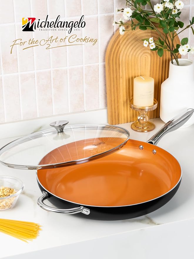 MICHELANGELO Large Frying Pan with Lid, 14 Inch Ceramic Skillet with Nonstick Coating, Healthy Non Stick Fry Pan, Induction Compatible