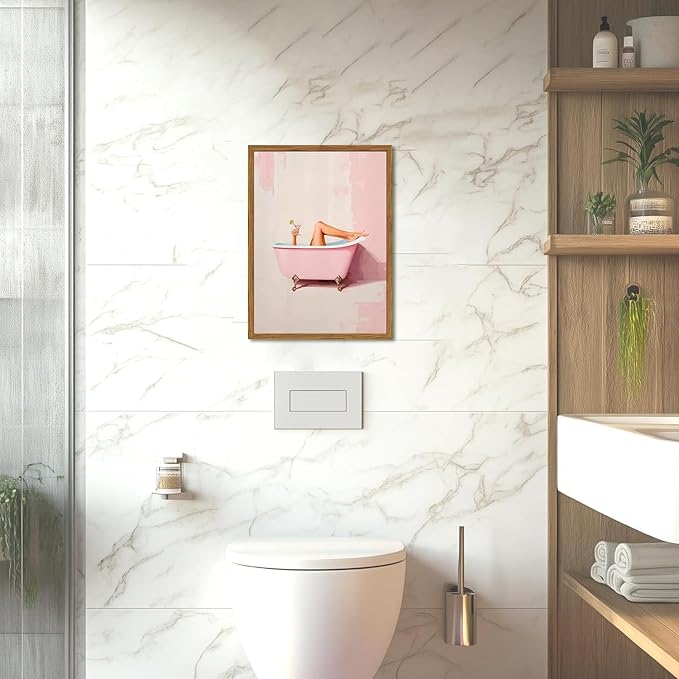 Funny Pink Girl Bathroom Wall Art, Cute Girly Bathtub Wall Decor Painting Trendy Pastel Woman and Martini Bathroom Poster Canvas Print Artwork 12x16 inch Framed