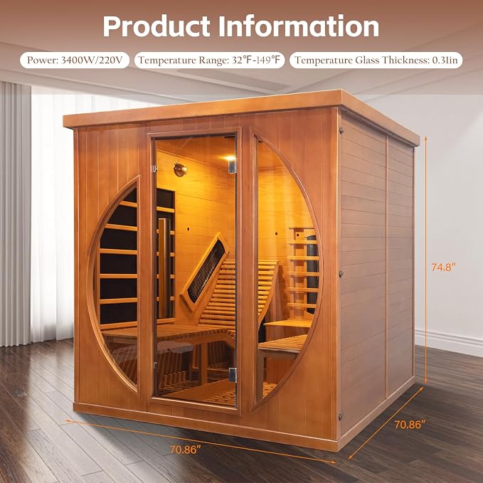 Infrared 2 Person Wooden Sauna Room, Luxurious Red Cedar Sauna with Recliner, 3400W Dry Heat Sauna for Home, 9 Heating Panels, Bluetooth Speaker, 7Color Lights, Oxygen Bar, 220V(Red Cedar)