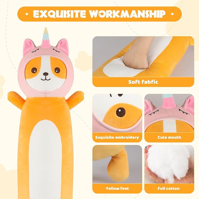 36 Inch Kawaii Unicorn Dog Long Plush Body Pillow Toy, Soft Corgi Shiba Inu Plushies with Stuffy Unicorn Outfit Big Stuffed Animals Gift for Kids Boys Girls, Birthday
