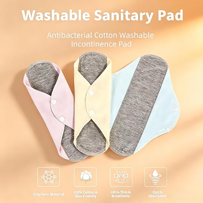 Reusable Leakproof Washable Incontinence Pads for Women Adults | Graphene Absorbent, Waterproof & Breathable | Pure Cotton Bladder Leak Pads, Day Night Postpartum Incontinence Protection (6pcs)