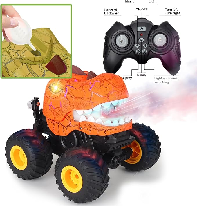 TODKISS Dinosaur Remote Control Car, Monster Truck Toys with Spray, Light & Sound, 2.4GHz All Terrain RC Cars for Boys Age 4-7, Birthday Gifts for Kids 3-5 6 7 8-12