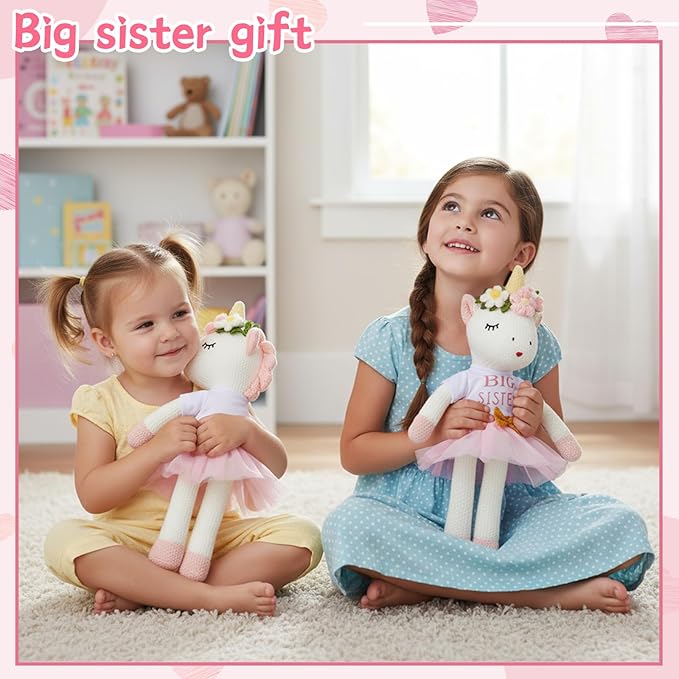 2 Pcs Big Sister Little Sister Gift for Girls 17 Inches Unicorn Stuffed Plush Doll Short Sleeve Outfits Short Sleeve T-Shirt Top and Pink Tutu Skirt Clothing Set Gifts for Toddler Kid Baby