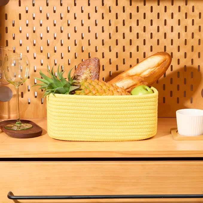 MiniArk Small Storage Baskets for Organizing | Closet Organizer Bins | Shelf Toy Basket | Woven Rope Baskets | Cube Decorative Box | Shallow Basket | 11.5x7.5x4.7” | 3 Packs Yellow