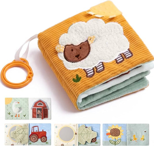 let's make Soft Baby Book for 0-12 Months, Crinkle Sensory Cloth Book with Teether, Mirror, Squeaker and C Clip, Farm Story Tummy Time Stroller Toy