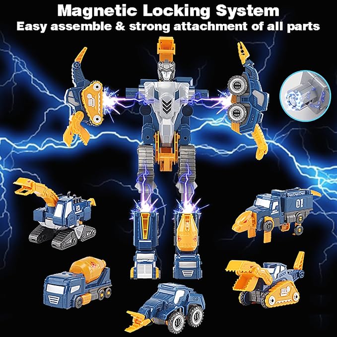 Toddler Construction Car Transform Set, 5pcs Dinosaur Rescue Robot with Magnetic Connectors, Assemble Building Trucks DIY STEM Toy, Birthday Present for Kids Boy Girl 3 4 5 6 7 Year