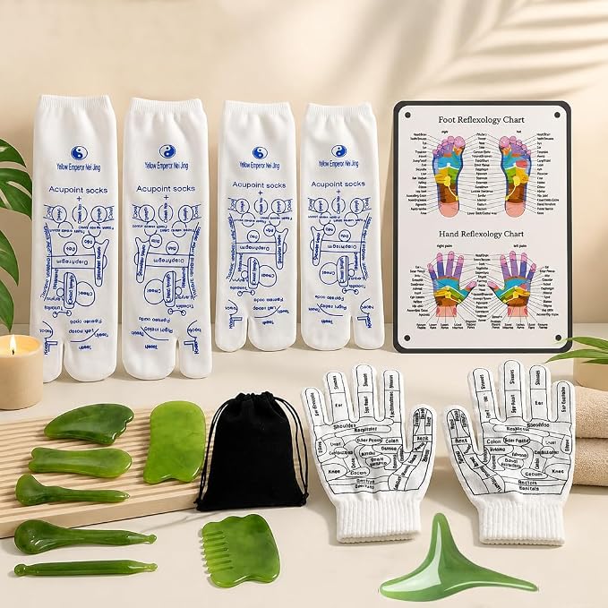 Reflexology Socks and Gloves Set with 8 Jade Massage Tools, 16 Pcs Acupressure Foot Massage Socks for Women & Men, Professional Foot Relief Massager Kit with Reflexology Chart & Bag