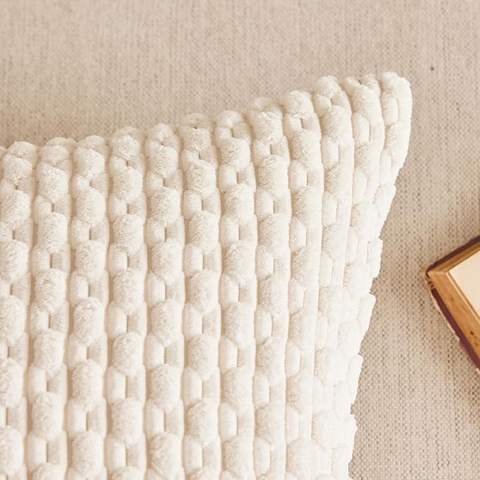 Kevin Textile Soft Corduroy 14"x24" Lumbar Pillow Cover 1 Pack, Cream White | Boho Stripe Plush Corduroy Decorative Oblong Cushion Cover Modern Farmhouse Home Decor for Sofa Couch Bed Chair