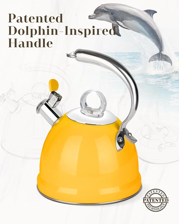 Harriet Tea Kettle Stovetop, 2.5 QT Whistling Stainless Steel Teapot, 3-Layer Base, Unique Ergonomic Handle, Includes Pot Holder & Mat, Electric/Induction/Gas Stovetops Applicable, Yellow