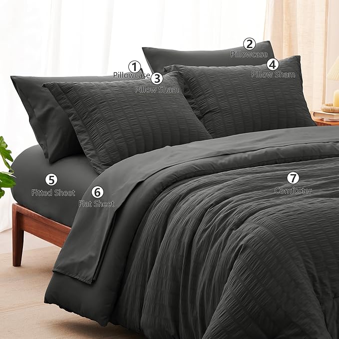 CozyLux California King Comforter Set with Sheets 7 Pieces, Dark Grey Seersucker Bed in a Bag Cal King Luxury Soft Bedding Sets with Down Alternative Comforter, Sheets, Pillowcases & Shams, Dark Gray