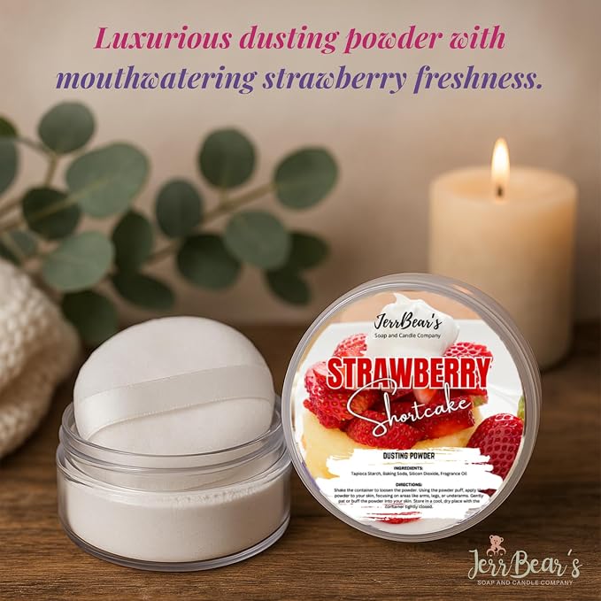 Strawberry Shortcake Dusting Powder for Women 4oz Jar | Talc Free Body Formula, Soft Scented Skin Care, Gentle Powder for Daily Freshness, Includes Puff Application
