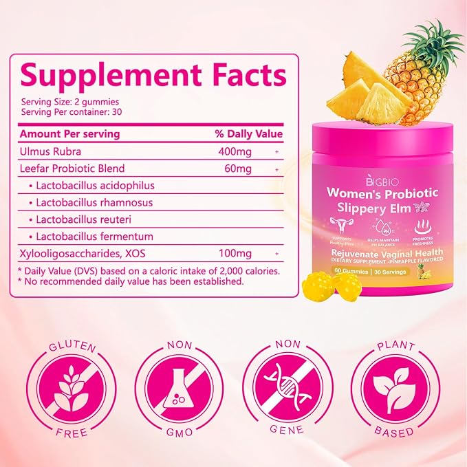 Feminine Probiotics Gummies, Slippery Elm for Women, Vaginal Health Supplement for pH Balance, Odor Control, Yeast Balance, Flora Immune Support, Suagr-Free, Veagn, Pineapple Flavor, 60 Count