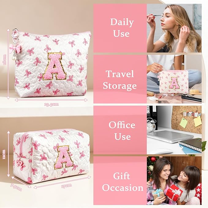 Initial Makeup Bag, Valentines Day Gifts for Women Teens Girls Birthday Gift Personalized Bow Cosmetic Bag, Quilted Cosmetic Travel Toiletry Pouch, Cute Makeup Organizer Teen Girl Gifts Trendy Stuff A