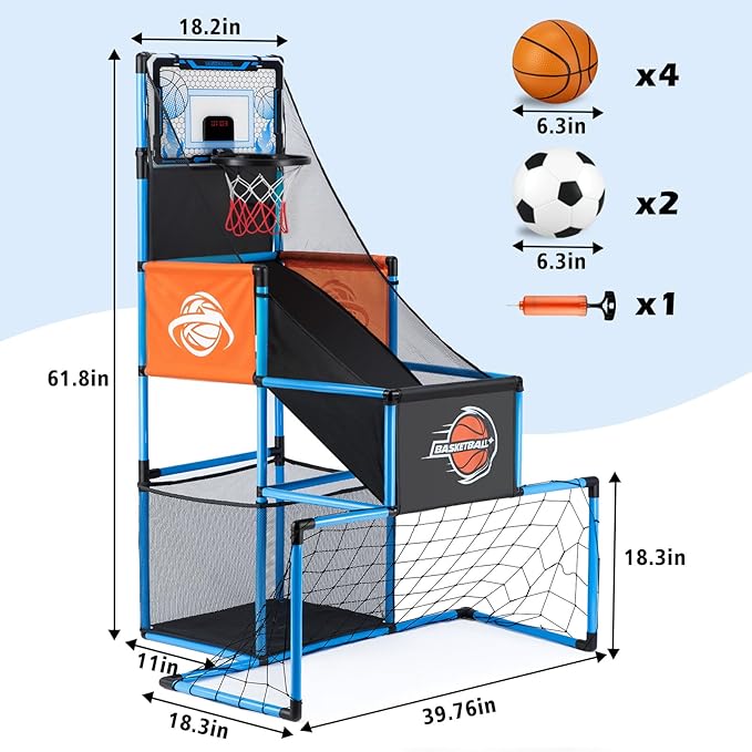 2 in 1 Basketball Arcade Game & Soccer Goal for Kids, Adjustable Kid Basketball Hoop with 6 Balls and Pump, Indoor Outdoor Games for Kid Toys for 3-12 Year Old Kids Birthday Gifts for Boys Girls