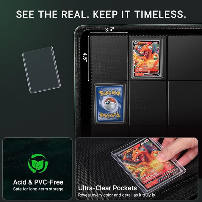 Foluck 9 Pocket Top Loader Binder, Holds 252 Toploaders, 200Pcs Top Loaders & Card Sleeves Included, Side-Loading Trading Card Binder, Premium Collection Album for Pokemon, MTG, Sports Cards (Green)