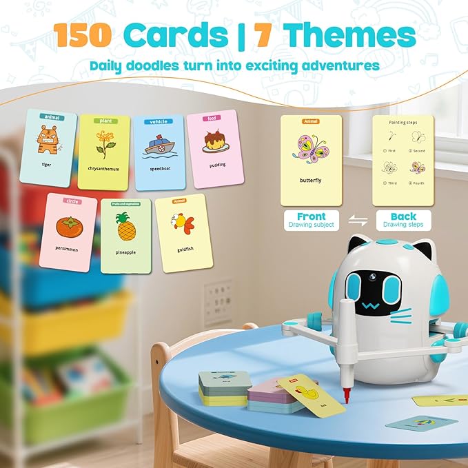 Drawing Robot for Kids with Camera Recognition, Montessori Educational Art Toy Kit with 150 Cards & 12 Colorful Pens for Preschool Learning Activities, Birthday Gifts for Boys Girls Ages 3+