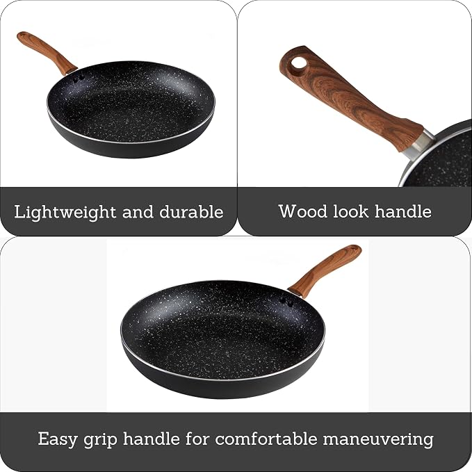 IMUSA USA Woodlook 8" Black Stone Fry Pan Handle and Speckled Nonstick Interior, 8" | Ideal for Stir-Frying, Great for Everyday Cooking