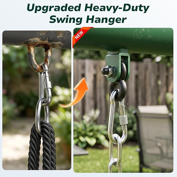Hapfan 7.5ft Tall Swing Sets for Backyard, 500lbs Heavy Duty Metal Swing Set for Kids and Adults with Spider Swing and Belt Swing, A-Frame Outdoor Swingset Play Equipment (Green and White)