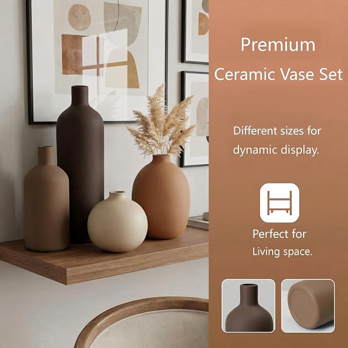 Ceramic Vase Set of 4, Decorative Neutral Modern Flower Vases for Home Decor, Living Room, Shelf Decor, Bookshelf, Kitchen, Centerpiece, Table, Bedroom, Office, Farmhouse