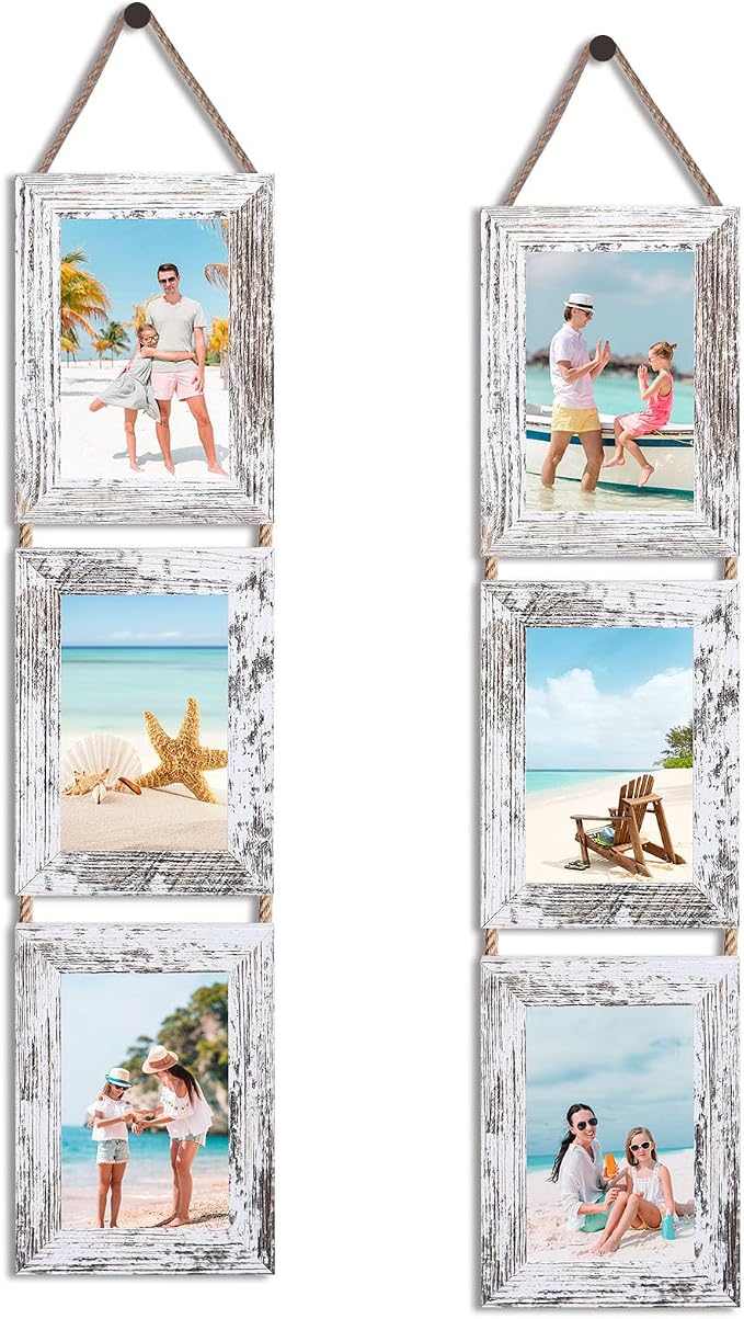 QUTREY Collage Picture Frames 4x6, 6 Openings Hanging Photo Frame Set for Vertical 4 by 6 inch Pictures for Wall, Distressed White, 2 Pack