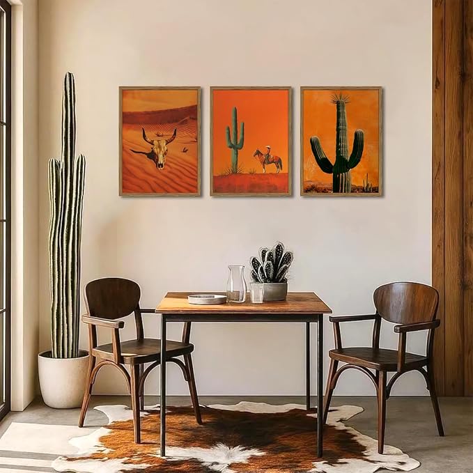 Framed Western Cowboy Canvas Wall Art Set of 3, Vintage Desert Cactus Pictures Wall Decor, Longhorn Bull Skull Paintings Prints Southwestern Home Decor for Living Room Bedroom 12x16 inch