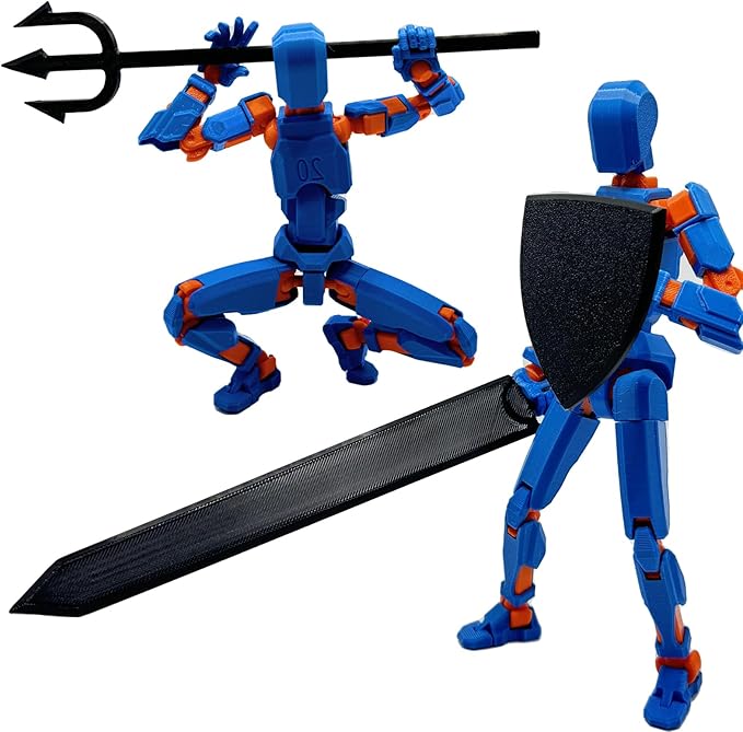 3D Printed Enlarge Body Size 8.1-inch Action Figure Dummy20, Full Body Mechanical Movable Toy, Multiple Accessories, Desk Decoration (Bracket, 3 HandsType, Weapons, Armour) (Blue)