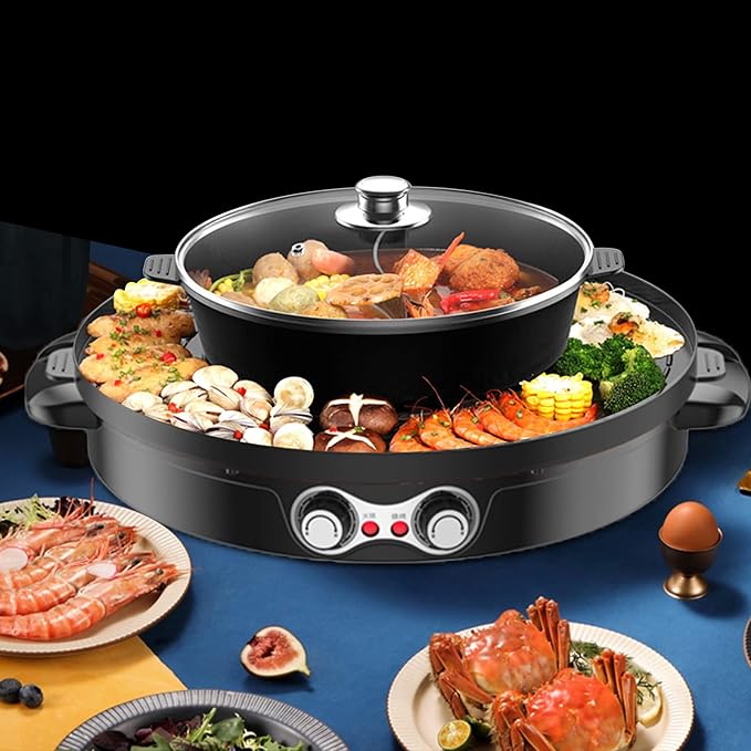 Non-stick Hotpot Pot with Grill, 2200W Electric Shabu Shabu Hot Pot Korean BBQ Grill, Multi-function BBQ Hotpot Machine for Family and Friends Gathering