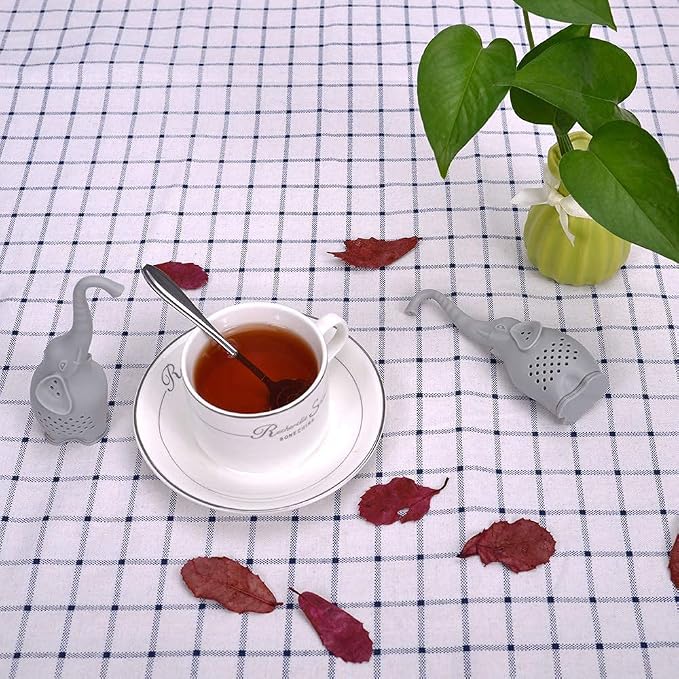 Numola Silicone Tea Infuser Set of 2, Cute Elephant Loose Leaf Tea Strainer with Stainless Steel Teaspoon, Reusable Tea Ball Filter for More Enjoyable Tea Times with Friends and Family