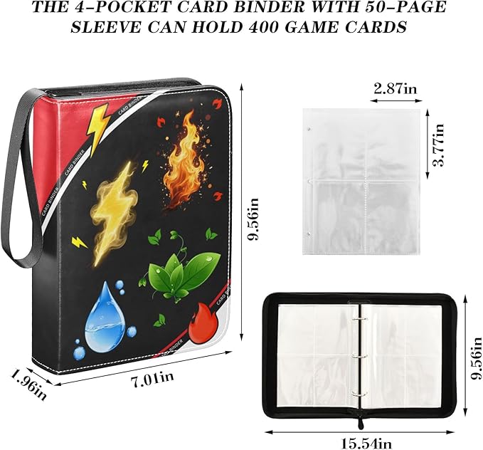 Card Binder 4 Pocket, Zipper Trading Card Binder Holder with 50 Removable Sleeves, Fits 400 Cards Collection Storage Album Case Organizer Book