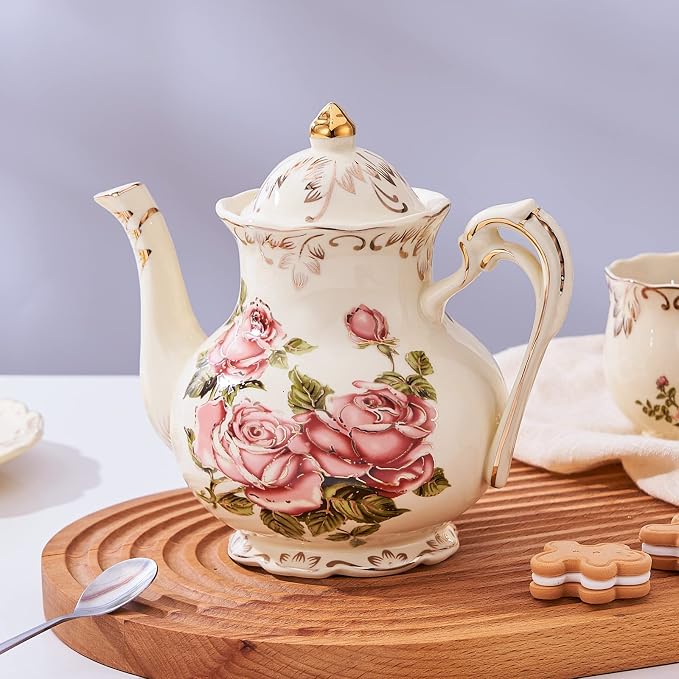 YOLIFE Ivory Rose Teapot, 25 OZ/ 3 Cup Vintage Porcelain Tea Pot with Infuser, Floral Teapot Pink Rose with Gold Trim