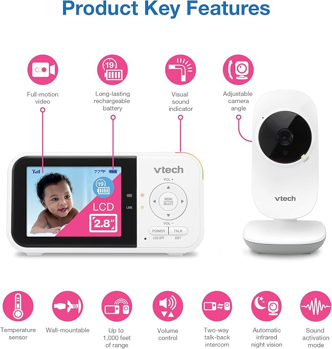 VTech VM819 Baby Monitor + BC8211 Myla the Monkey Bundle - Non-WiFi Video Monitor with 19Hr Battery, 1000ft Range & Portable Soother with Night Light & Stroller Attachment