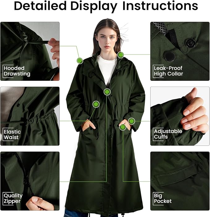 LAMA Womens Long Raincoats Rain Jacket Waterproof Packable Hooded Windbreaker Lightweight Adjustable Waist for Outdoor