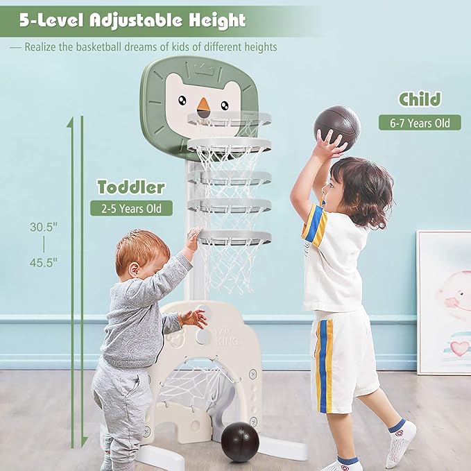 Costzon Kids Basketball Hoop, Toddler Sports Activity Center w/ 5 Adjustable Height Levels, Basketball Soccer Golf Game Set, Indoor Outdoor Basketball Hoop Set Gift for Baby Infant