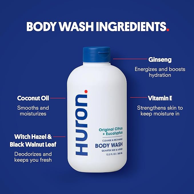 Huron Men’s Shower Kit – Shampoo, Conditioner & Body Wash with Citrus + Eucalyptus Scent, Hydrating, Phthalate Free, non-toxic Ingredients for Hair & Skin Care, 12 fl oz (Pack of 3)