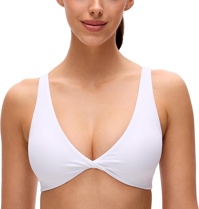 CRZ YOGA Butterluxe Front Twist Deep V Neck Sports Bras for Women - Wide Straps Padded U Back Yoga Crop Top