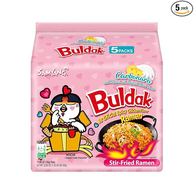 Samyang Buldak Spicy Ramen, Hot Chicken Ramen, Korean Stir-Fried Instant Noodle, Carbonara, 1 Bag with 5 Pack
