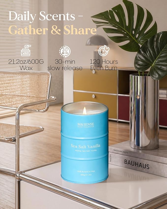 M&SENSE Sea Salt Vanilla Scented Candles Large Beach Candle, Natural Soy Summer Candles 21.2oz 120 Hour Slow Burning,Aromatherapy Candle for Stress Relief Meditation Relaxing