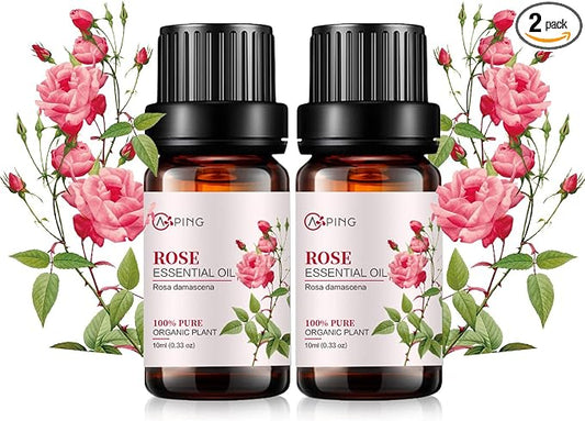2-Pack Rose Essential Oil - 100% Pure Organic Natural Plant (Rosa damascena) Rose Oil for Diffuser, Aroma, Spa, Massage, Yoga, Perfume, 2x10ML