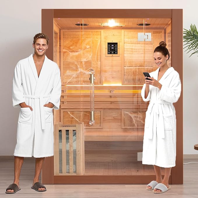 Smartmak Wood Home Steam Sauna, Customized WiFi Control 1-6 Person Canadian Hemlock/Red Cedar Traditional Luxurious Wooden Indoor Spa Room, Heating Stove, Speaker, Rocks, Water Bucket, Lights, 194℉