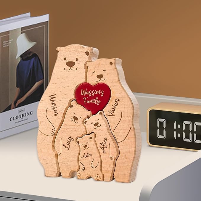 Personalized Wooden Cute Bear Puzzle - Customizable with 2-6 Names Bear Family Puzzle, Home Decor Housewarming Gift Unique Christmas, Halloween Wooden Animal Decoration (Cute Bear)