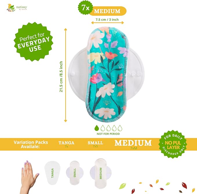 Non-Slip (Premium) Reusable Organic Panty Liners for Women & Teens (Medium 7-Pack) – Breathable High-Temp Washable Cotton Cloth Panty Liners for Vaginal Discharge – Keep You Fresh & Dry for Daily Use
