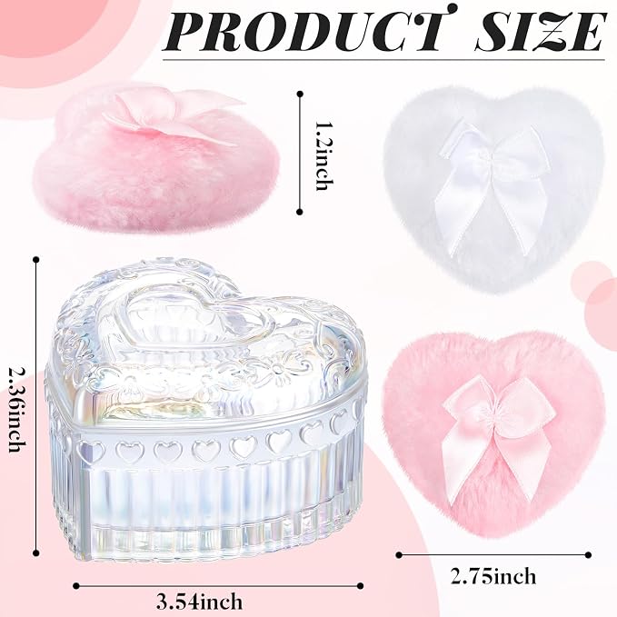 Tioncy 3 Pcs Large Body Powder Puff and Container Valentine's Day gift Powder Container with Puff Crystal Case Soft Washable Reusable Velour Face Body Glitter Wet Dry Makeup(Heart,Glitter)
