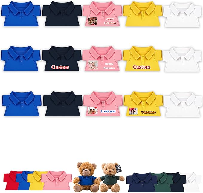 15 Pcs Personalized Teddy Bear Clothes with Name Photo, Custom Stuffed Animal Clothing Fit 8-16 inch Bears Clothes for Stuffed Animals, Doll Clothing Make Your Own Plush Doll Shirt