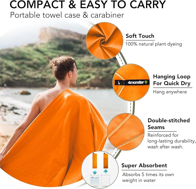 4Monster Quick Dry Travel Towel with Case & Carabiner – Super Absorbent Microfiber Gym & Camping Towel. Compact, Lightweight, Fast Drying for Beach, Swimming, Hiking, Backpacking