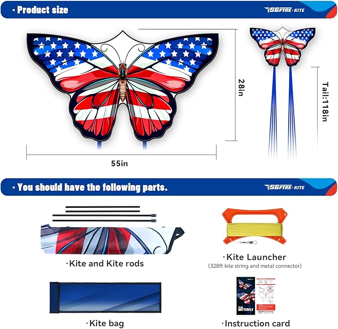 SGftre American Flag Butterfly Kite for Kids & Adults,Extremely Easy to Fly for Beginners，Outdoor Fun Kite Present Summer Kites Butterfly for Kids Toy