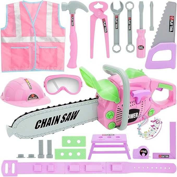 deAO Kids Tool Set Toddler Tool Kit, Pretend Play Toys Tooks with Electric Chainsaw Working Vest Hammer Accessories, Construction Tool Kit Gift for Toddler Playset Kit Girl Boy