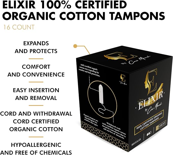 Elixir by Cocó March Organic Cotton Tampons for Women – Certified Organic, Hypoallergenic, Biodegradable Tube, Pull Cord, Sewing Thread, No Harsh Chemicals, High Absorption – Regular 16 Count